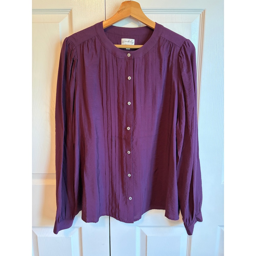 Wonderly Womens Large Purple Pintuck Pleated Button Down Long Sleeve Blouse